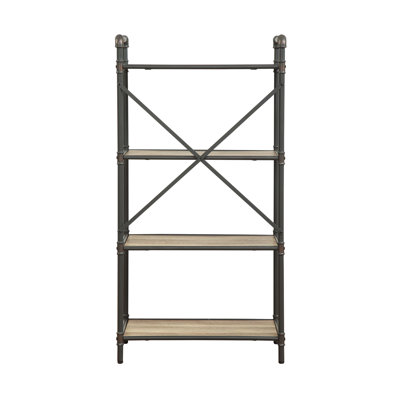 Bibliothèque rectangulaire à 4 tablettes en chêne antique et gris sableux - Bibliothèque en métal et bois synthétique à 4 niveaux avec tablettes en placage de papier