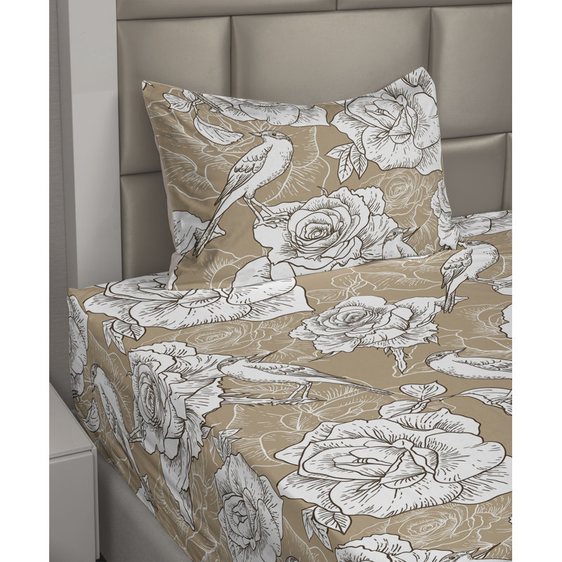 Ambesonne Watercolor Botany Sheet Set 4 Pcs Retro Boho Bloom, Twin Sheet Set with 1 Pillowcase, Dark Khaki White Floral