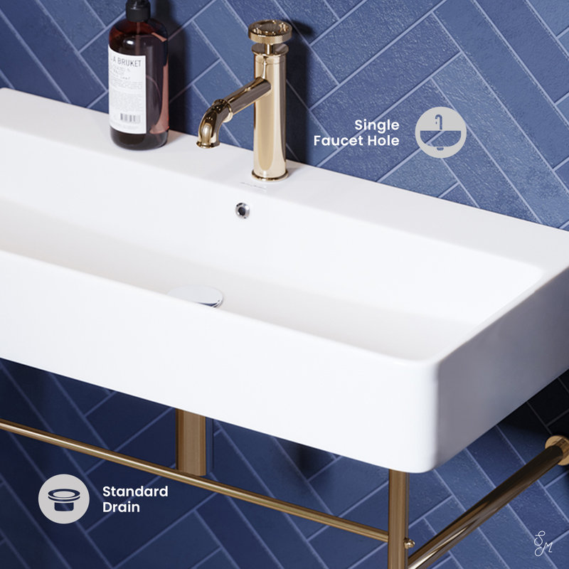 Carre 36 Ceramic Console Sink White Basin Gold Legs, White/Gold