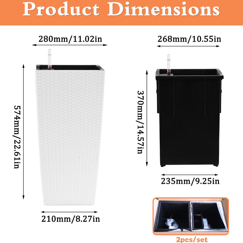 Jardinière carrée de 22 pouces de hauteur en faux 2 carrés blanc, arrosage automatique pour le porche blanc haut, arrosage, cour arrière design