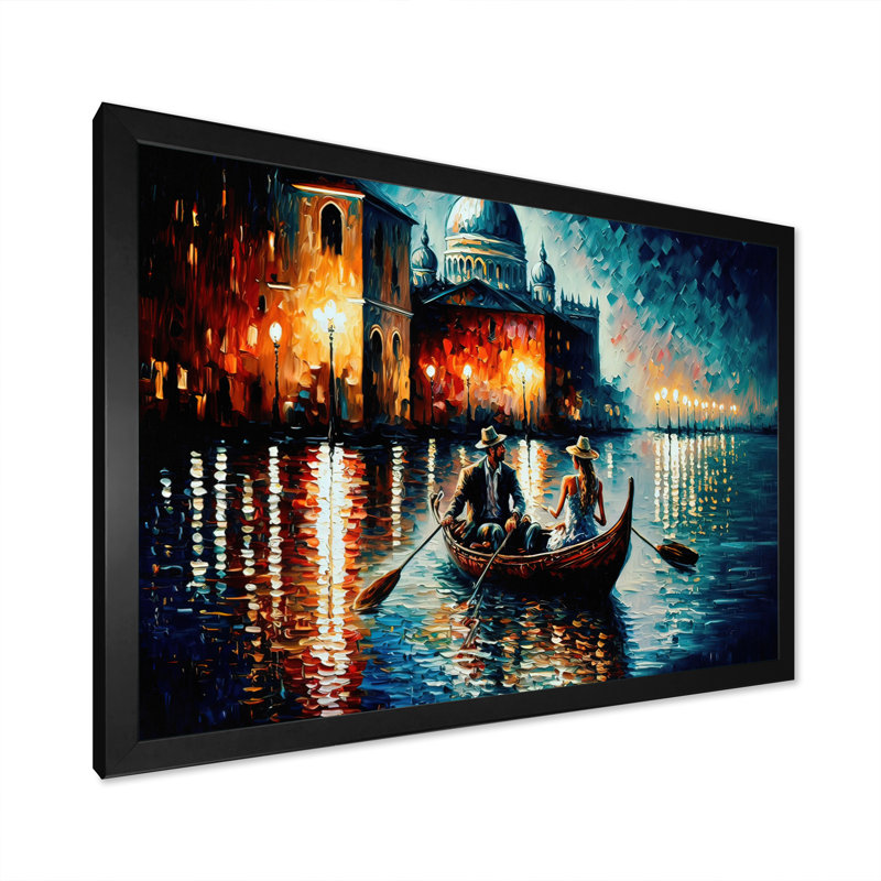 Soirée romantique sur un petit bateau II - Peinture sur toile, H 24 po x l 32 po x P 1 po, Cadre photo noir