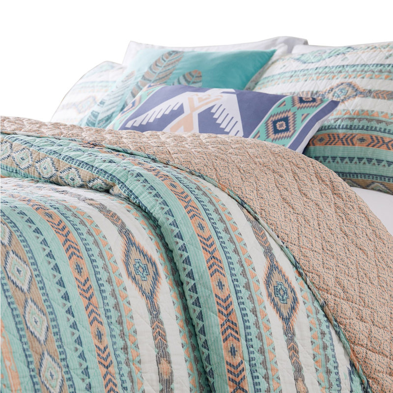 Blue Full Microfiber Geometric Quilt Set