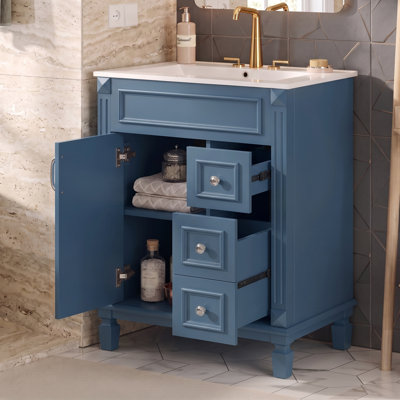 Meuble-lavabo de 24 po avec lavabo en céramique, petite armoire de lavabo de salle de bain noir, 2 tiroirs et tablette réglable, quincaillerie à fermeture silencieuse de qualité supérieure