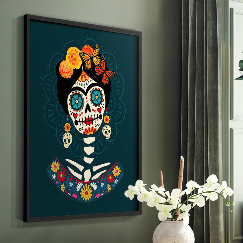 «Bright Day of the Dead II», reproduction encadrée - bois massif, H 28 po x l 22 po, Cadre simple noir