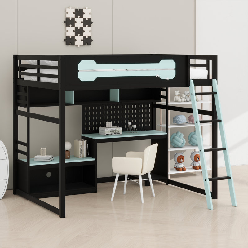 Lit mezzanine en bois avec bureau, Noir / Bleu