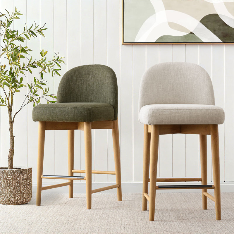 Tabouret de comptoir en lin 25,5 po avec pieds en bois massif, Vert