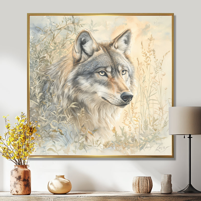 Reproduction d'art loup rétro au clair de lune, Impression dans un cadre flottant sans passe-parto, H 30 po x l 30 po, Doré