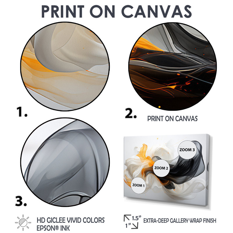 Blanc blanc vagues noires - encre liquide, art mural abstrait, salon, Cadre flottant noir, H 12 po x l 20 po