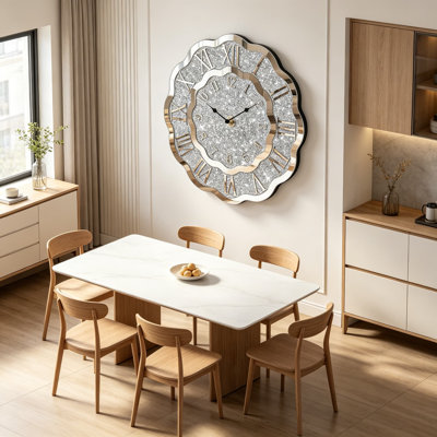 Crushed Diamond Mirrored Wall Clock For Bedroom Living Room Office - Modern Silent Glass Mirror Hanging Clock With Roman Numerals, 16 Inch, Silver