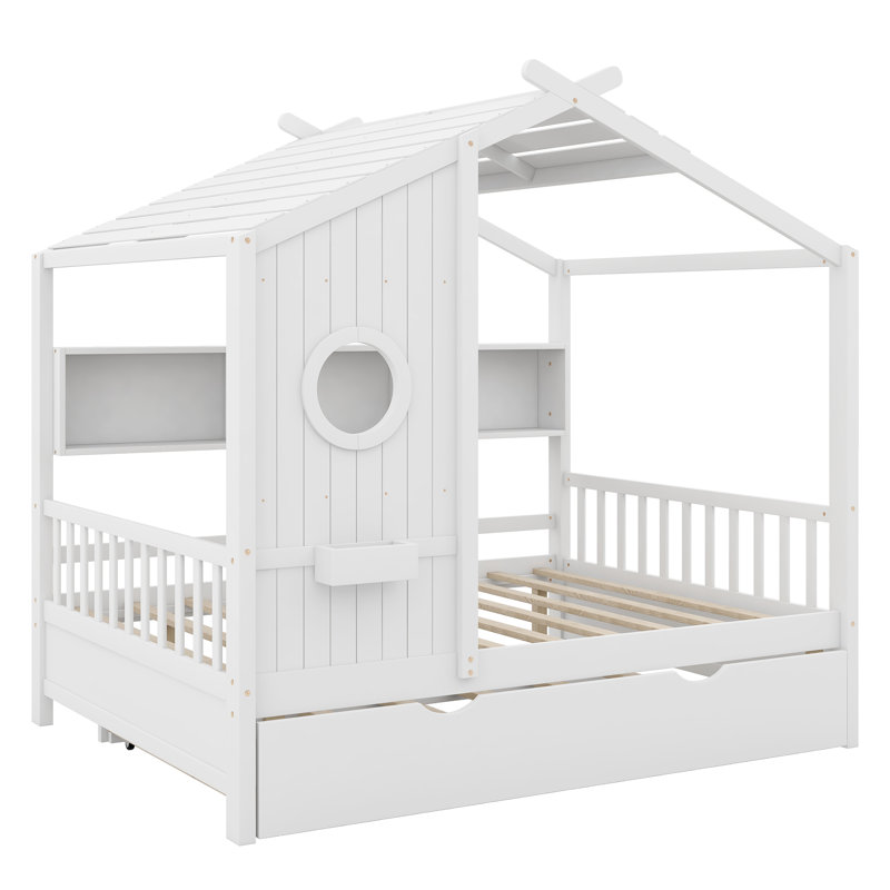 Lit maison avec lit gigogne, Blanc, Lit double