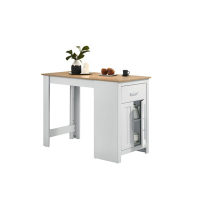 Table de salle à manger 47 "en chêne et blanc avec tiroir d'armoire, table compacte pour 2 personnes, chêne, tiroir et armoire, 2