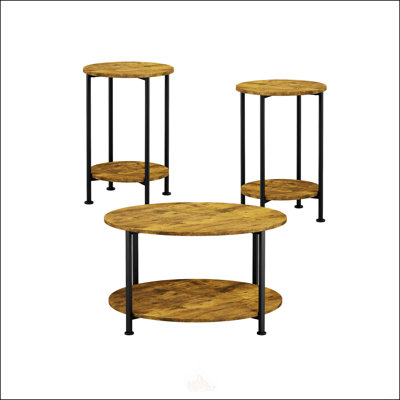 Ensemble de 3 tables basses et tables de bout rondes avec grand rangement, style campagne moderne pour les salons et les appartements