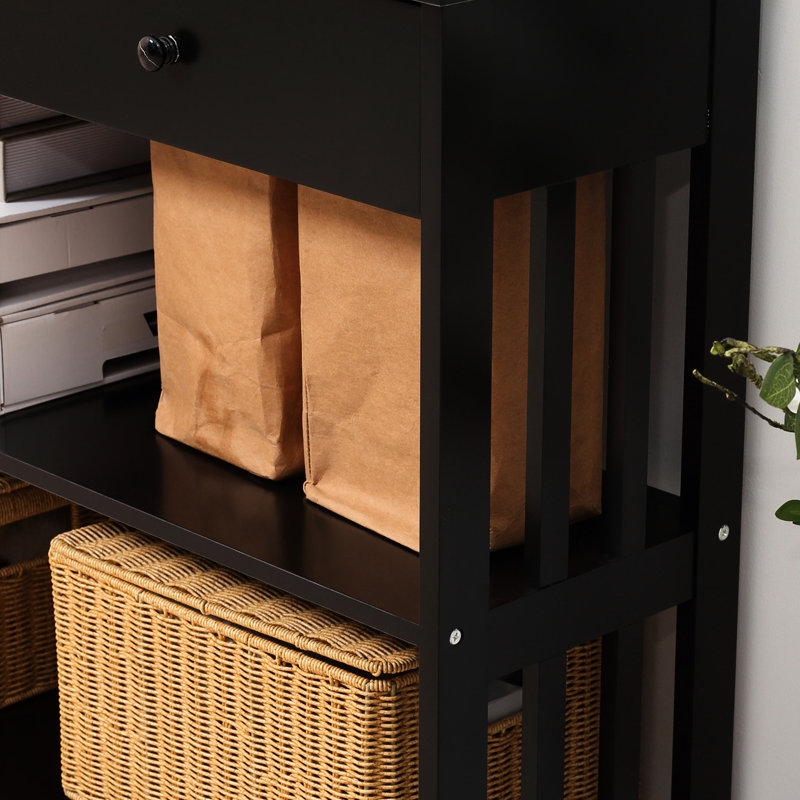 Console de couloir, noire avec tiroir extra-large et 2 tablettes, conception en lattes de bois pour le rangement à la maison