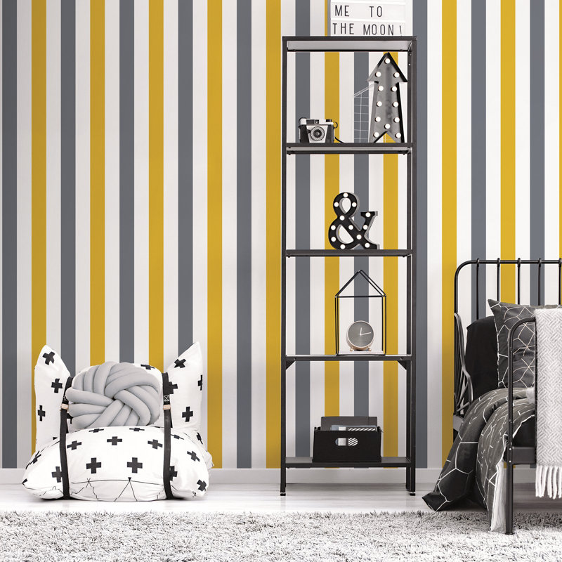 Kids and Teens Collection 2-Tone Awning Stripe Wallpaper Roll, Yellow/Dark Grey