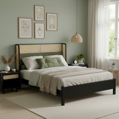 Queen Size Bed Frame with Green Headboard, Black with Green Solid Wood  Bed, No Box Spring Required, Modern Bedroom Furniture