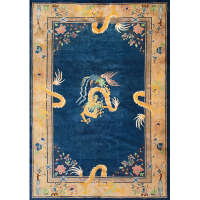 Blue Background Antique Art Deco Chinese Dragon Design Area Rug