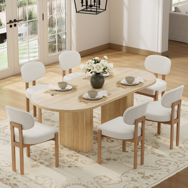 Oval Double Pedestal Kitchen Table Sets, 7 Pieces: Table, 6 Chairs, Beige, Natural