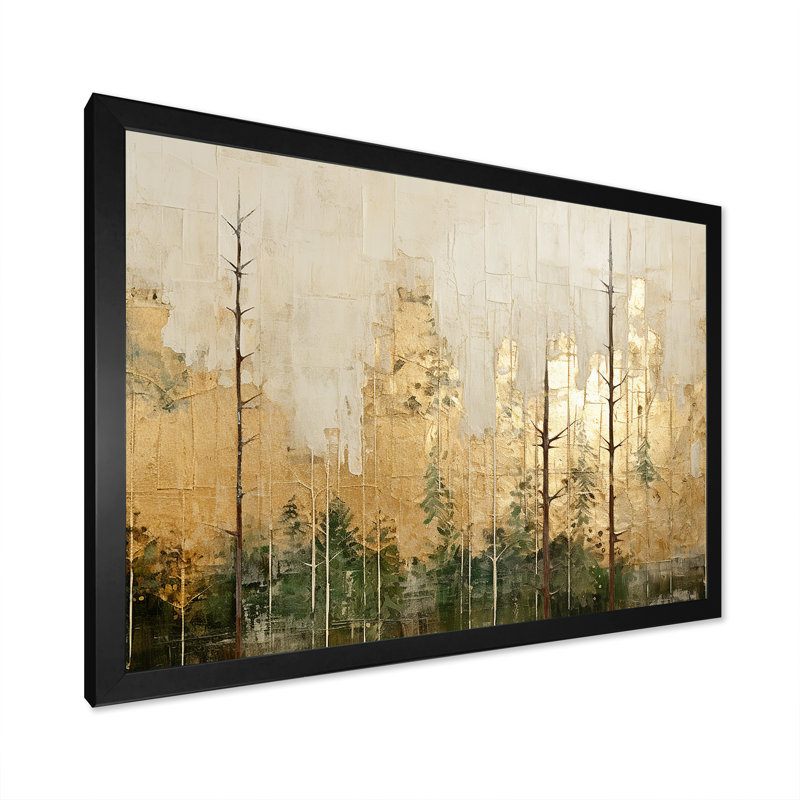 «Minimalisme beige et or forêt I», art mural sur toile forêt, H 12 po x l 20 po x P 1 po, Cadre simple noir