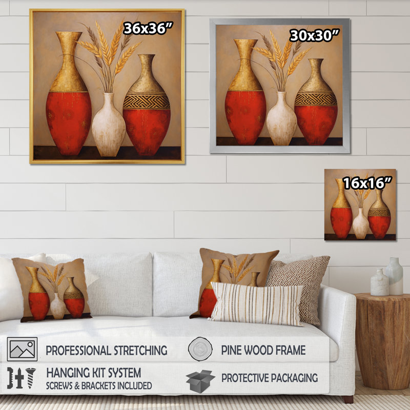 Nature morte avec vase en or rouge et fleurs de blé I sur toile, H 36 po x l 36 po x P 1,5 po, Cadre simple noir