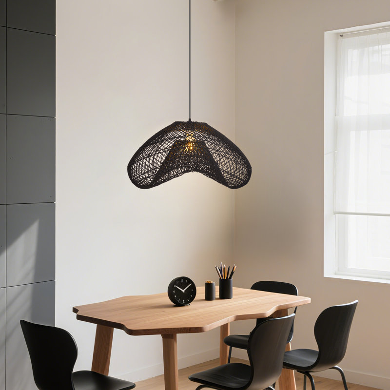1-Light Pendant Lights Wicker Black, 10.24" H X 15.75" W X 15.75" D