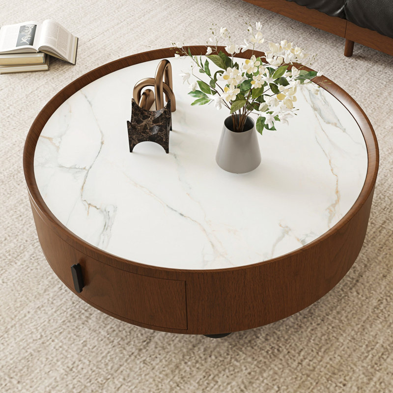 Table basse de 35,43 pouces à dessus en pierre ronde avec plateau de rangement à poignée en pierre et pieds en boule noir mat