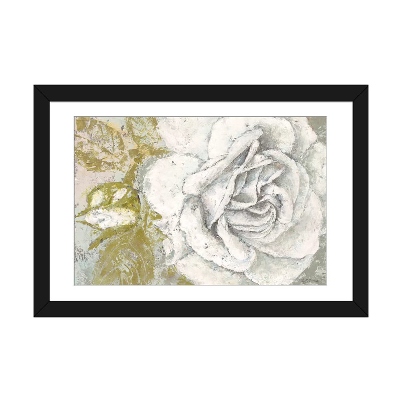 « white rose fleur », reproduction sur toile, H 16 po x l 24 po x P 1 po, Papier d'art encadré noir, Blanc