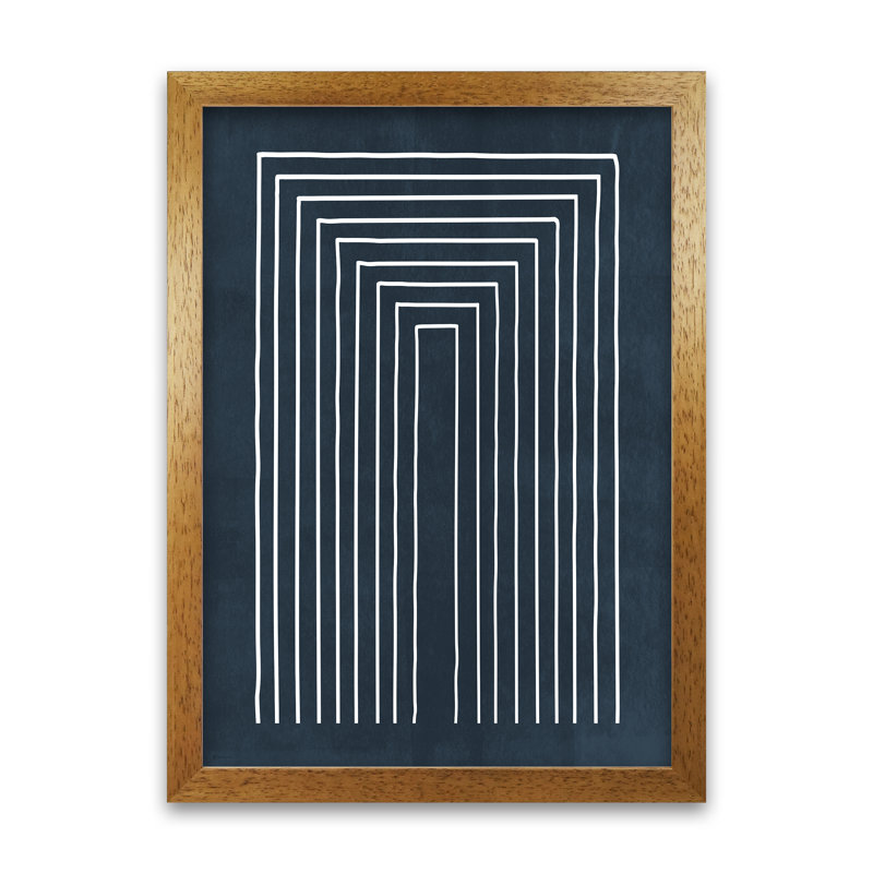 Lino Style Blue Geometric Lines - Print, 30cm H x 21cm W x 3cm D, Oak Frame