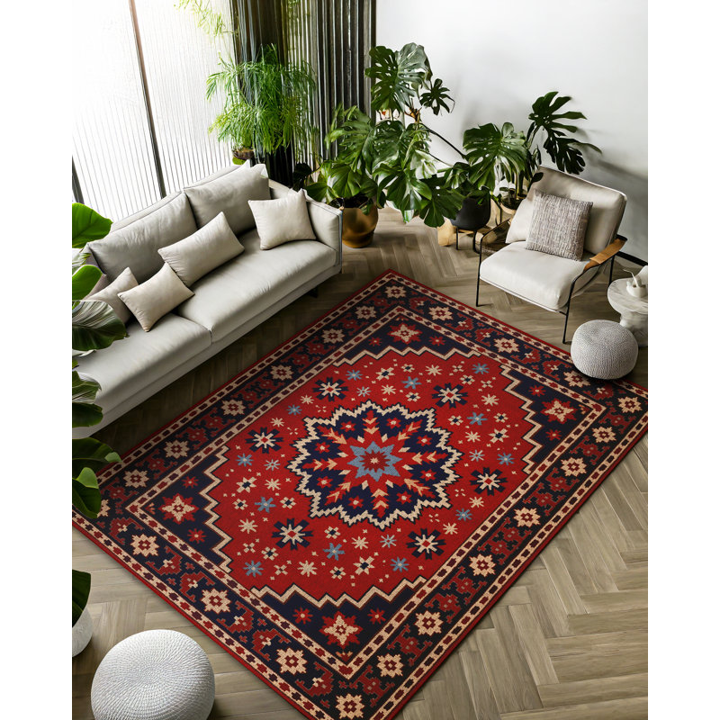 Giget Collection Digital Print Cotton-Polyester Burgundy Floral Rug, Runner 3'4" x 9'11"
