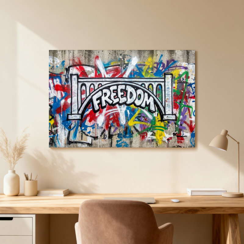 Impression sur toile Freedom Graffiti, Grain de bois clair, Cadre photo unique, H 20 po x l 30 po
