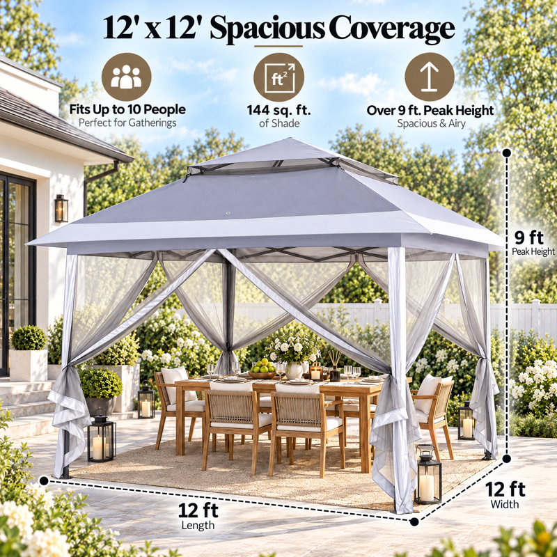 Tente de jardin pliable instantanée de 3,66 m x 3,66 m avec moustiquaire, 12 Ft. X 12 Ft. Grey