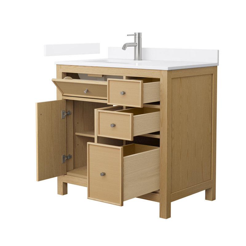 Pendry 36" Freestanding Single Bathroom Vanity with Quartz Top, Brushed Nickel, White Quartz, Tanned Oak