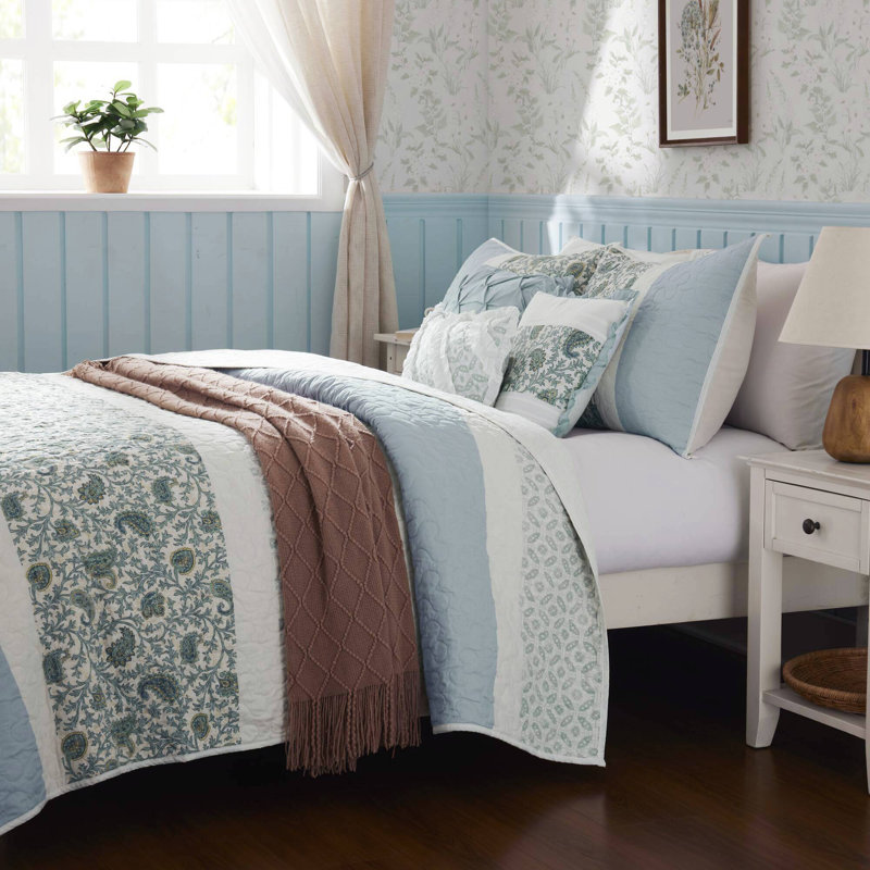 Ensemble de courtepointe en percale de coton 6 pièces avec coussins décoratifs Dawn, Turquoise