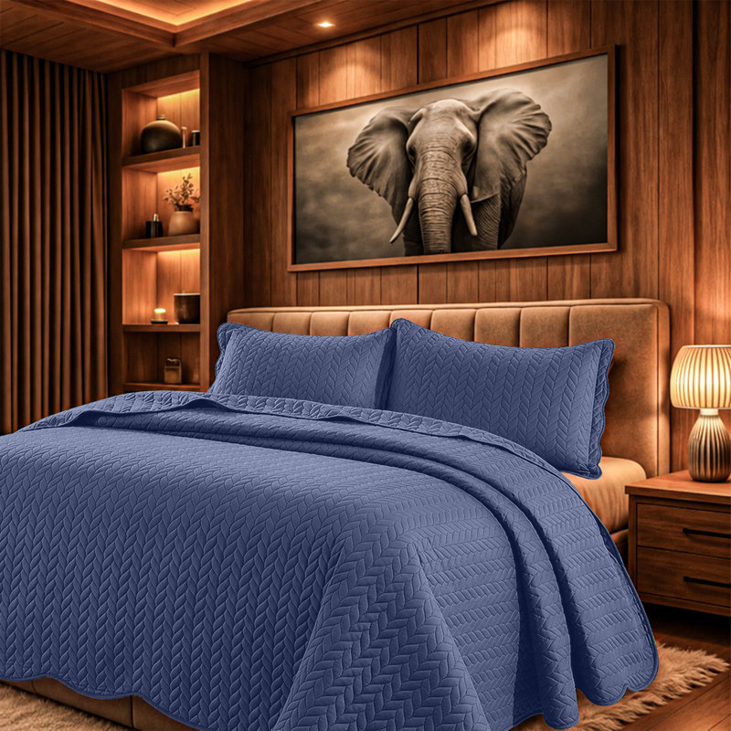Microfiber Embossed Oversized Bedspread Set With Shams – Modern & Contemporary, Machine Washable, Dust-Resistant, Navy