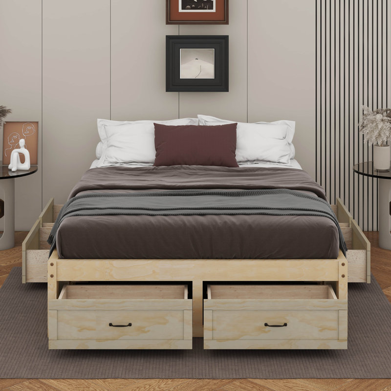 Lit plateforme avec 6 tiroirs, Naturel antique, Grand lit