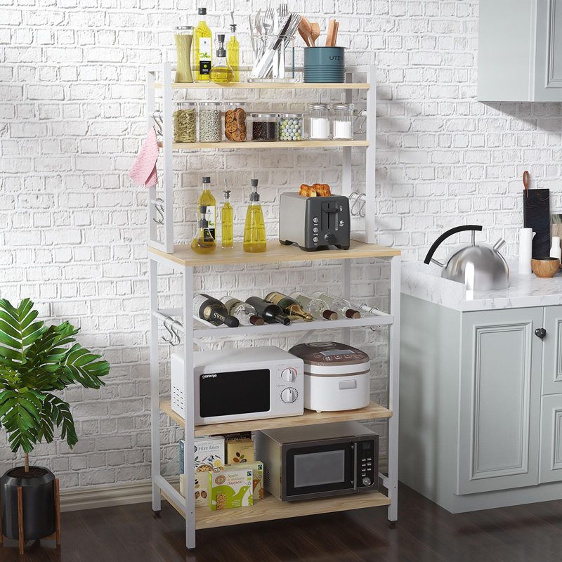 Houon 58cm Metal Standard Baker's Rack with Microwave Compatibility with Wine Bottle Storage, White/Natural