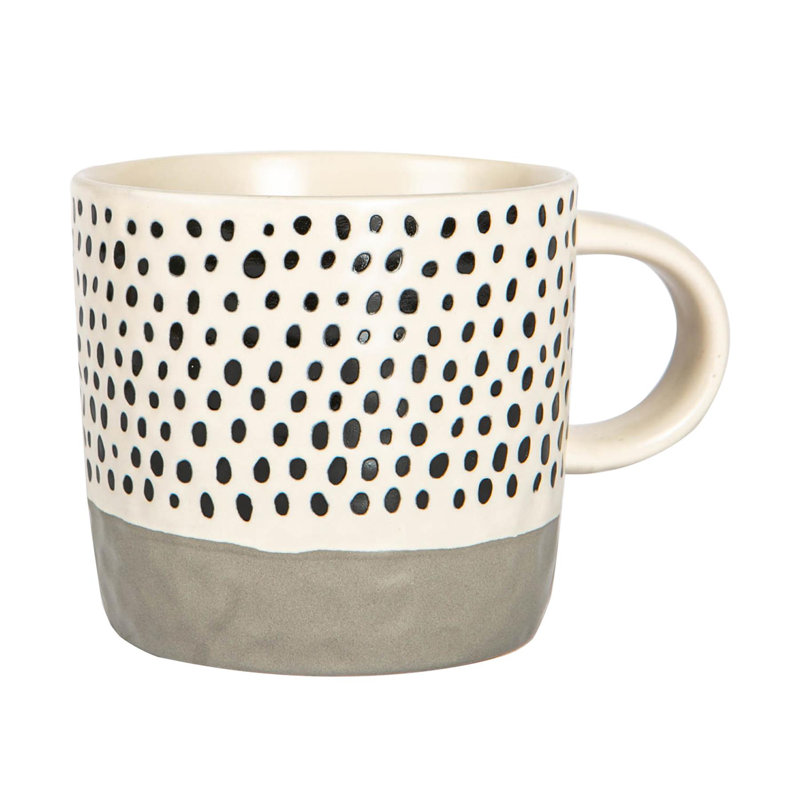 Nicola Spring - Dipped Dotty Stoneware Coffee Mugs - 385ml, Grey