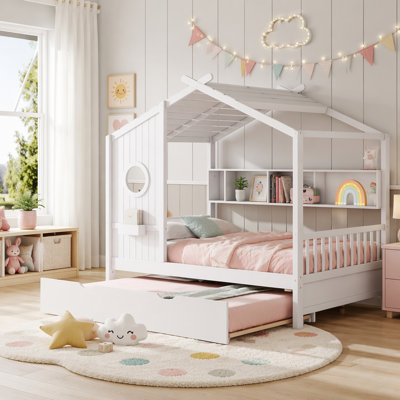 Wooden House Bed with Trundle and Storage, Modern Design for Kids
