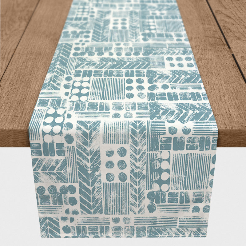 Harvir Aztec Tribal Stamp Table Runner, 90" x 16", Sky Blue
