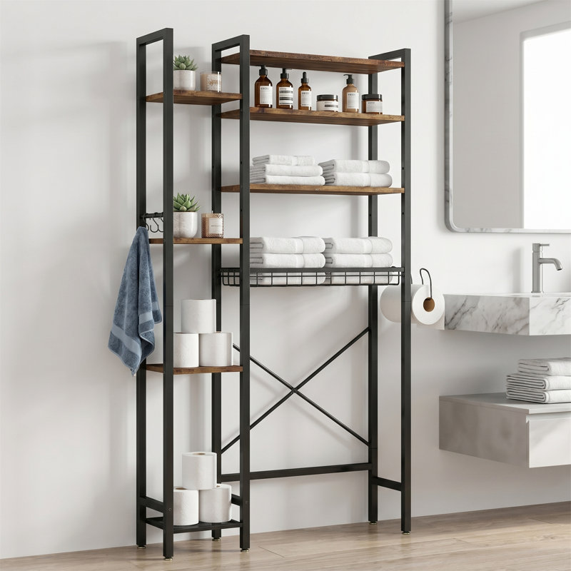 Un support de rangement à 8 niveaux avec des tablettes réglables et un panier de bonde, idéal pour une utilisation comme unité de rangement de salle de bain autoportante sur les balcons ou dans les salles de lavage