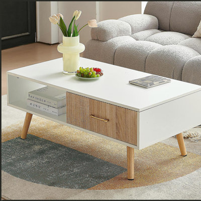 Table basse rectangulaire avec pieds en bois massif, tiroir coulissant pour le rangement, table moderne pour le salon, blanc