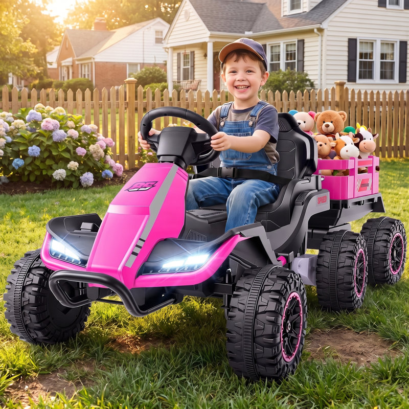 Tracteur électrique 24 V avec remorque détachable, télécommande, lumières DEL et musique, Rose
