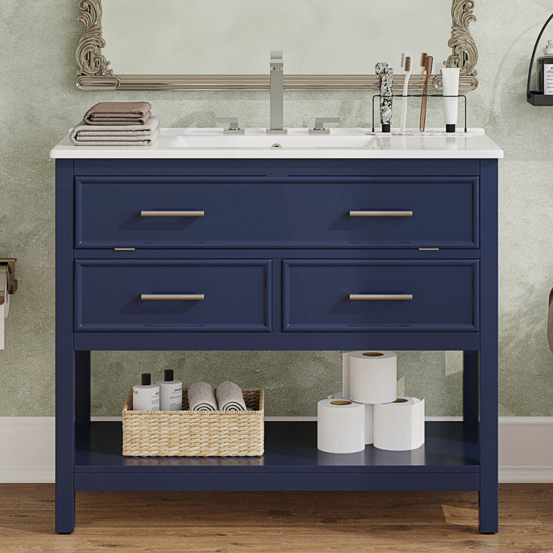 Bathroom Vanity With Ceramic Sink, Bathroom Vanity With Tip-Out Tray And 2 Full-Extension Drawers, Blue