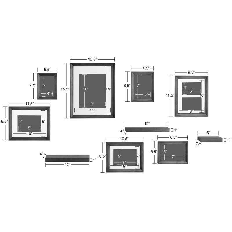 Helf Wood Beveled Picture Frame - Set of 10 with Mat, Multicolor