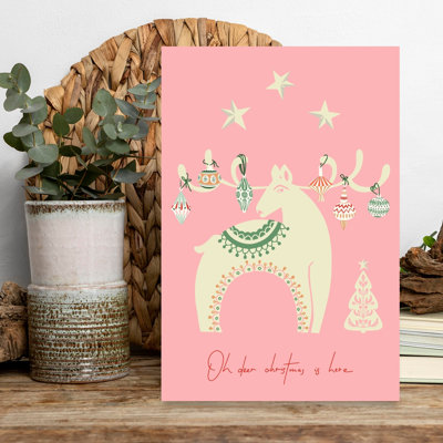 Festive Pink Reindeer Whimsical Abstract Contemporary Christmas Tree Deer Winter Landscape Wall Art Print by Annick - Wrapped Canvas Print