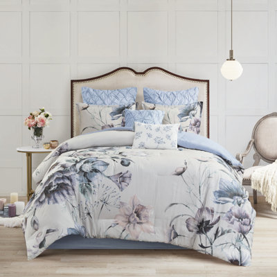8 pièces - Édredon très grand bleu, chambre à coucher en coton, douce et séduisante avec coussins de style Shabby Chic, détails de coussins brodés
