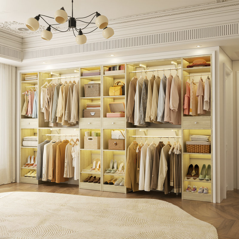  116.6'' - 180'' W Closet Systems with Wooden Drawers and Hanging Rods(Cut to Fit), White Oak