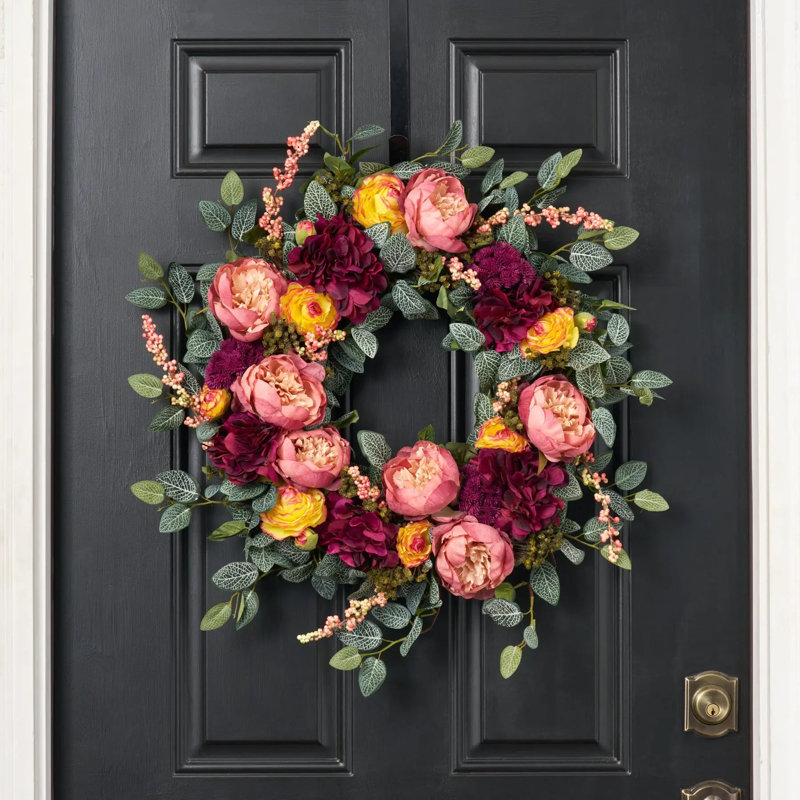 Couronne de porte d'entrée automnale (56 cm) : renoncules jaune sangria, pivoines mauves et hortensias bordeaux - 56 cm