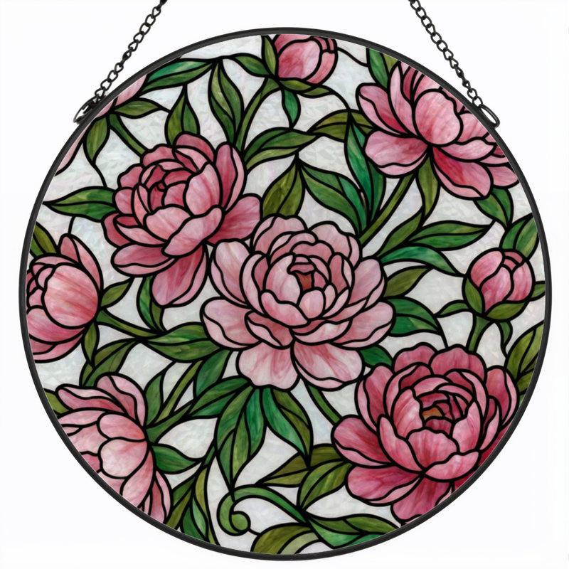 7.8"H Pink Peonies Stained Glass Window Panel, 7.8" H x 7.8" W