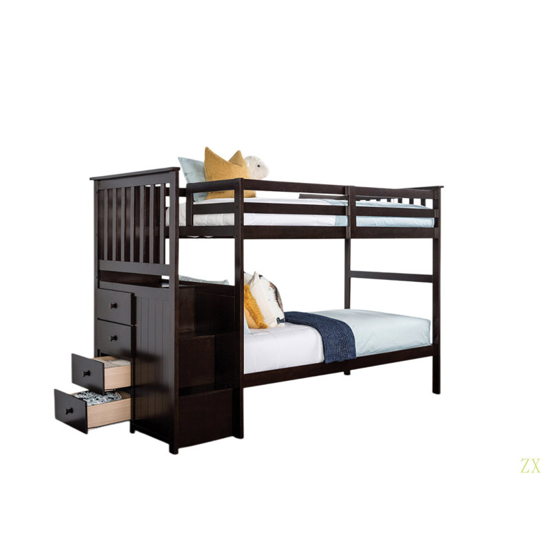 Lit superposé simple au-dessus d'un lit simple avec marches latérales avant de style transitionnel et 4 tiroirs de rangement sous le lit