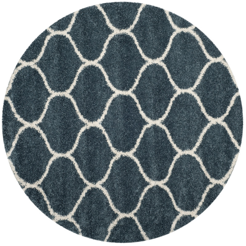 Tapis à poils longs Darrold Hudson, Rond 3 pi, Bleu / Ivoire